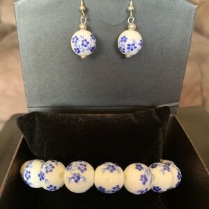 Pacific style set of ceramic/sterling silver hand painted bracelet & earring set